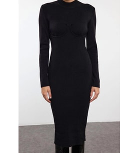 Moda Stil Slim Dik Yaka Midi Boy Triko Korse Detaylı Yumuşak Dokulu Elbise (Siyah)