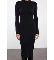Moda Stil Slim Dik Yaka Midi Boy Triko Korse Detaylı Yumuşak Dokulu Elbise (Siyah)