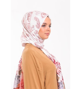 Çiçekli Desen Pavia Seri Şal Eşarp Askısı ile Birlikte 90X200 cm Beyaz Pembe-90X