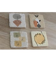 Line Art Obje Bitki Surat Doğal Taş Bardak Altlığı 4'lü set - Natural Stone Coasters