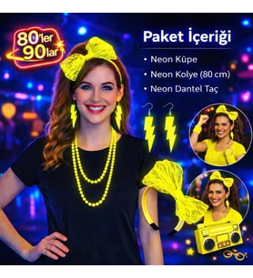 80’ler 90’lar Neon Sarı Parti Seti – Kolye Küpe Taç