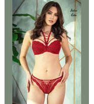 Intive Cutie Boyunu Deri Bağlama Detaylı Kırmızı Dantelli Destekli Sütyen Slip Takım