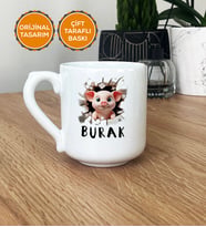 3D Domuzcuk Hediye Kupa Bardak Oval İsimli İsim Yazılı (Beyaz)