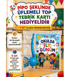 5 Adet Öğrencilere Özel Okulda İlk Günüm Yazılı Hediye Seti 1. Sınıf- Sene Başı Pipo Şeklide Üflemeli Top Tebrik Kartı Hediyeli