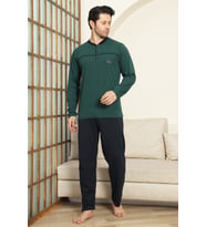 Erkek %100 Pamuklu Pijama Takımı-Robalı ve 3 Düğmeli-12489 ENİSENA (Petrol Yeşili)