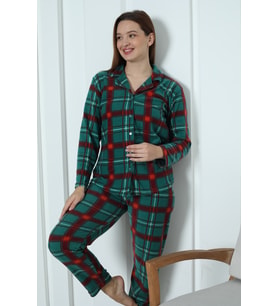 Fawn 3957 Boydan Düğmeli Polar Kışlık Kadın Pijama Takımı (Yeşil)