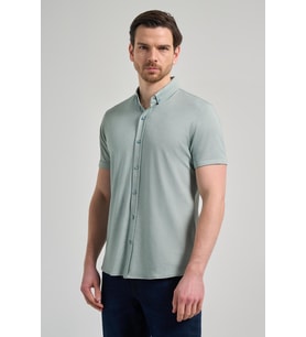 Koyu Yeşil Uzun Kol Düz Örme Düğmeli Yaka Cepsiz Pamuklu Classic Slim Fit Gömlek 1004250152_704