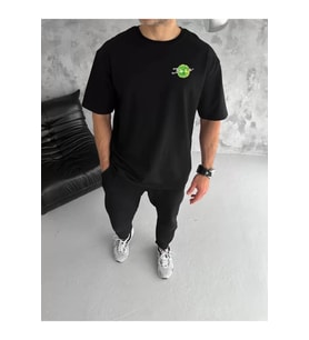 Unisex Bisiklet Yaka Baskılı Oversize T-Shirt - Siyah
