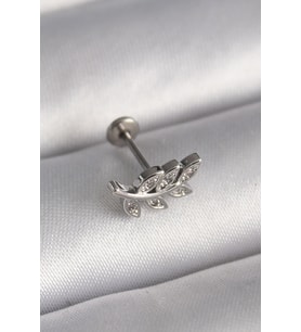 316L Çelik Gümüş Renk Dal Model Zirkon Taş Detaylı Tragus Piercing