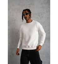 Erkek Düz Bisiklet Yaka 3 iplik pamuklu Sweatshirt - Beyaz
