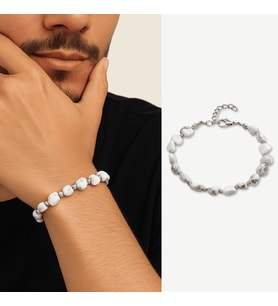 Gümüş Renk Metal Zincirli Dorika Top Süslemeli Amorf Havlit Doğaltaş Erkek Bileklik