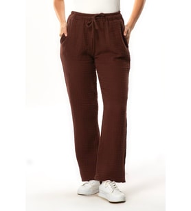 Beli Lastikli Multi Çift Cepli Müslin Kadın/Erkek Unisex Yazlık Pantolon Kahve Khv