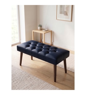 Lacivert Deri Kumaş Bench Puf Oturma Bankı Ahşap Ayaklı Demonte 90x45