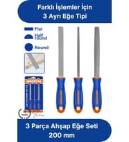 #EğeSeti 3 Parça Ahşap Eğe Seti 200 mm Orta Pürüzlü Düz Yarım Yuvarlak Yuvarlak Törpü Ergonomik Sap