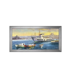 İstanbul Boğaz Vapuru Motifli Kanvas Tablo 80 x 110 cm Silver Çerçeve