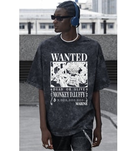 Wanted Monkey D. Luffy One Piece Anime Baskılı Unisex Oversize Vintage Yıkamalı Tişört