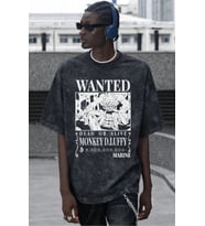 Wanted Monkey D. Luffy One Piece Anime Baskılı Unisex Oversize Vintage Yıkamalı Tişört