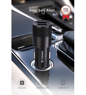 Torima Araç Şarj Aleti Soketi Tüm Araçlarla Uyumlu Çift USB Araba Çakmaklık C3 Siyah