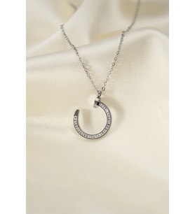 Çelik Silver Renk Zirkon Taşlı Çivi Model Kadın Kolye