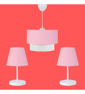 ArtGift Beyaz Gövdeli Üçlü Avize ve Abajur Seti Pembe Kumaş