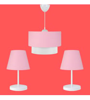 ArtGift Beyaz Gövdeli Üçlü Avize ve Abajur Seti Pembe Kumaş