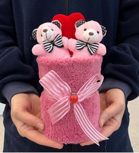 Premium Pembe Ayıcıklı Kırmızı Kalpli Peluş Ayıcık Buketi