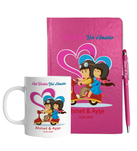 Sevgililer Gününe Özel Pembe Defter Kalem & Kupa Hediye Seti 16