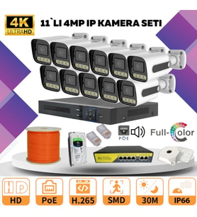 11'li Güvenlik IP Kamera Seti - 4MP Dış Mekan Kamera, 3.6mm Lens, H.265, PoE, Warm Led Gece Görüşlü (Beyaz)