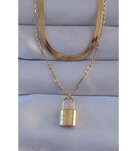 316L Çelik Gold Renk Çift Zincir Kilit Model Kolye 5886 - HEP-1886-8331