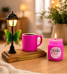 Kişiye Özel Yazılı Sokak Lambalı Türk Kahvesi Fincanı ve Kokulu Mum (Pembe Seri)