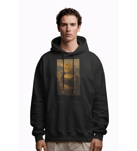 Erkek Mona Lisa Kedi Baskılı Siyah Hoodie – 3 İplik Şardonlu Kapüşonlu Sweatshirt