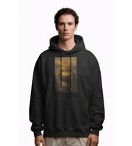 Erkek Mona Lisa Kedi Baskılı Siyah Hoodie – 3 İplik Şardonlu Kapüşonlu Sweatshirt