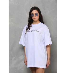 Unisex Bisiklet Yaka Baskılı Oversize T-Shirt - Beyaz