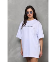 Unisex Bisiklet Yaka Baskılı Oversize T-Shirt - Beyaz