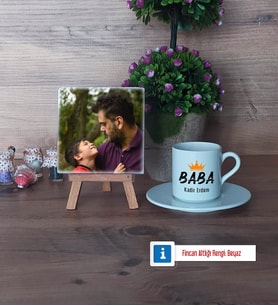 Babalar Günü Hediyesi Fotoğraflı Dekoratif Taş, Ahşap Altlıklı Türk Kahvesi Fincanı HediyeBabaya Hediye (Model 2)