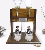 BK Gift Kişiye Özel Renkli Baskılı Çünkü Sen Çölüme Yağmur Oldun Tasarımlı İkili Rakı Bardağı ve Çift Musluklu Doğal Ahşap Rakı Standı-7 (Model 1)