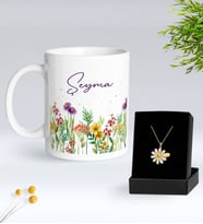 BK Gift Kişiye Özel İsimli Çiçek Tasarımlı Beyaz Kupa ve Papatya Kolye Hediye Seti - 7, Sevgiliye Hediye, Anneye Hediye, Arkadaşa Hediye