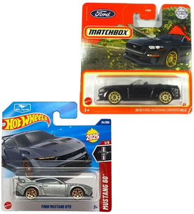 2 Araç Set - Matchbox 2018 Ford Mustang Convertible - Siyah & Hot Wheels Ford Mustang GTD - Gri (1/64)