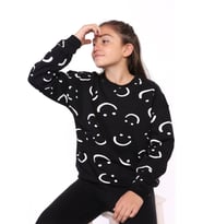 Toontoy Kız Çocuk Komple Gülen İfade Baskılı Sweatshirt (Siyah)