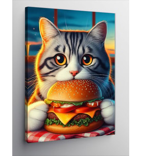 Kanvas Tablo Hamburger Yiyen Kedi