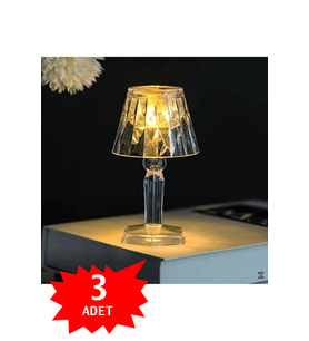 3'Lü Küçük Boy Kristal Elmas Led Masa Lambası Pilli Projeksiyon Şeffaf Abajur 12 Cm