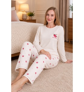 MIRANO 3110 Waffle Soft Kumaş Çilek Desenli Kışlık Ev Kadın Pijama Takımı