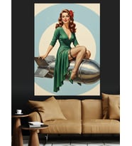 Turkuaz Elbiseli Retro Vintage Kadın Dekoratif Kanvas - Mdf Ahşap Tablo