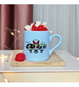 Power Puff Girls Tasarımlı Kişiye Özel Mavi Türk Kahvesi Fincanı