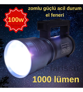 RT-829 100W 1000 Lümen Güçlü LED Acil Durum ve El Feneri – Şarjlı, Full Metal Gövde, Zoom Özellikli