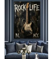 Rock Life Yazılı Gitar Posteri Dekoratif Kanvas - Mdf Ahşap Tablo