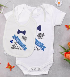 BK Kids Kişiye Özel Sünnet Tasarımlı Bebek Body Zıbın ve Mama Önlüğü Hediye Seti - Model 3