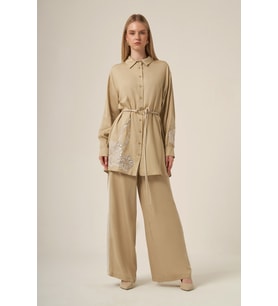 FTZ Women Kadın Rahat Kalıp İşleme Detay Selin İkili Takım Beige 31326