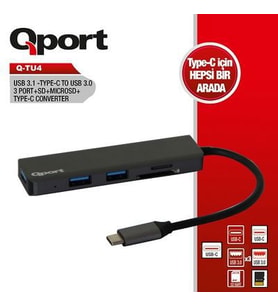QPORT Q-TU4 3port Type-C & USB 3.0 Kart Okuyucu Siyah USB Çoklayıcı Hub