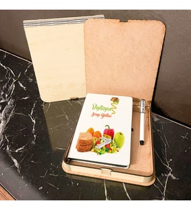 Diyetisyene Hediye Ahşap Kutulu Defter Kalem Set 002